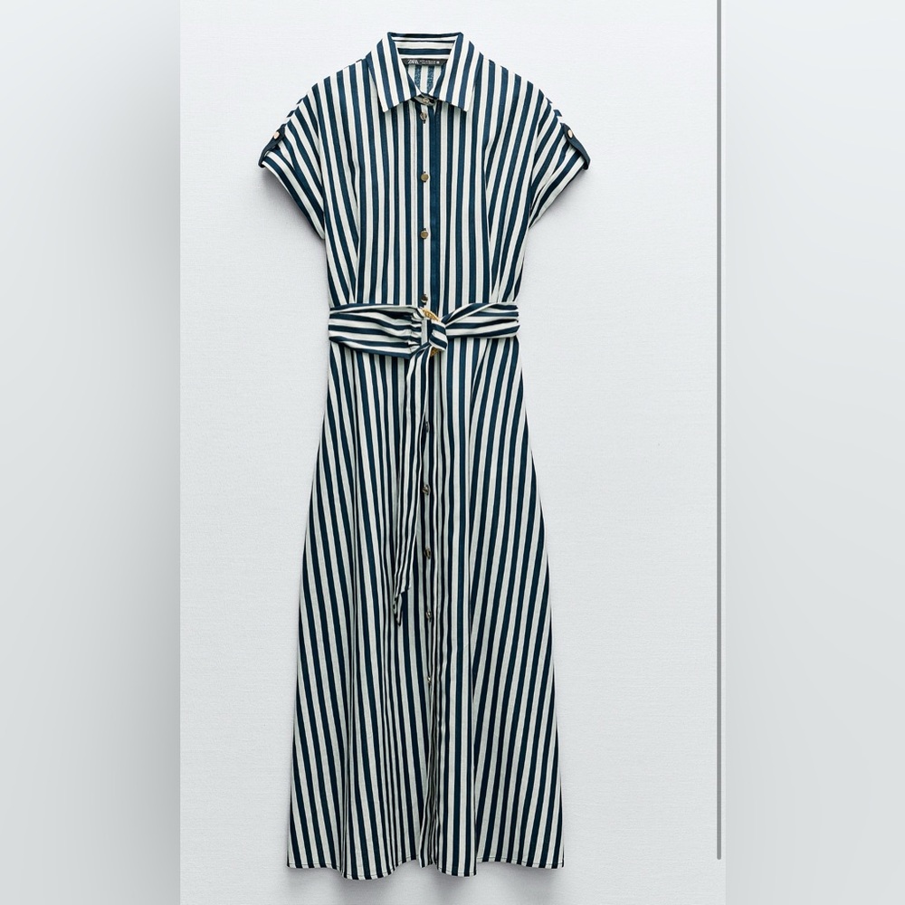Zara Blue and White Striped Linen Blend Dress